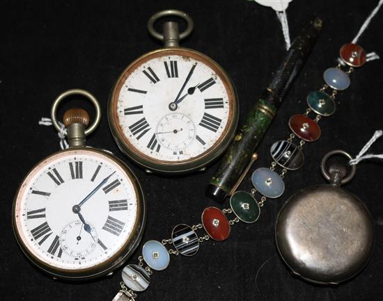 Two Goliath pocket watches, a silver hunter, a bracelet and a fountain pen (a.f)